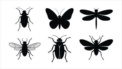 Six black insect silhouettes including butterfly beetle dragonfly fly white