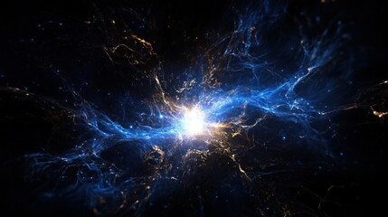 Dynamic cosmic scene with vibrant blue and gold energy radiating from a central point, set against a dark space background. Ideal for sci-fi and fantasy themes.