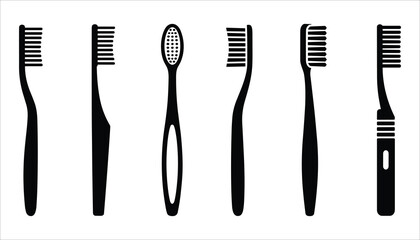 Six black toothbrush silhouettes on a white background dental hygiene oral care
