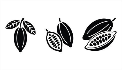 Black and white graphic icons of cocoa pods and leaves cacao bean