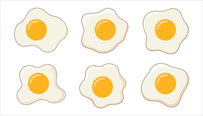 Six cartoon fried eggs with yellow yolks and white whites food breakfast