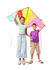 Children with kite on white background