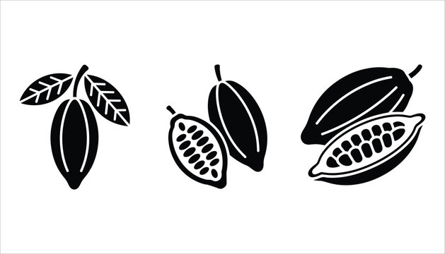 Black and white graphic icons of cocoa pods and leaves cacao bean