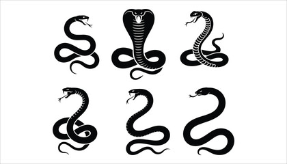 Six black snake silhouettes with fangs and forked tongues on white cobra serpent