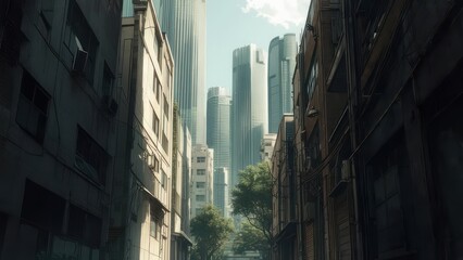 Urban Canyon - Towering Skyscrapers and Narrow City Street.