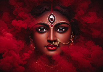 Closeup portrait of the Hindu goddess Durga adorned with traditional bindi and nose ring emanating divine power and serenity