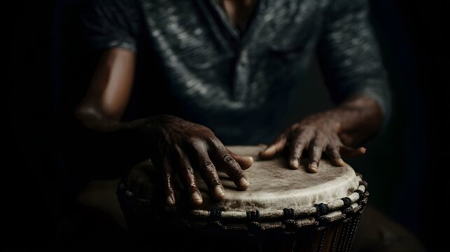 Hands playing a traditional drum creating rhythmic percussion with focus and energy
