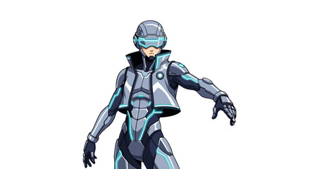 futuristic character with cybernetic enhancements, wearing a sleek, high-tech suit and visor, ready for action in a sci-fi setting