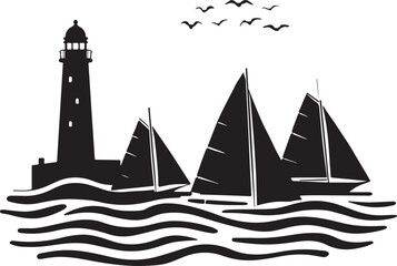 Lighthouse and Sailboat Silhouette on Ocean Waves
Nautical Sea Scene with Lighthouse, Sailboats, and Birds
Maritime Silhouette Artwork with Lighthouse and Sailing Ships