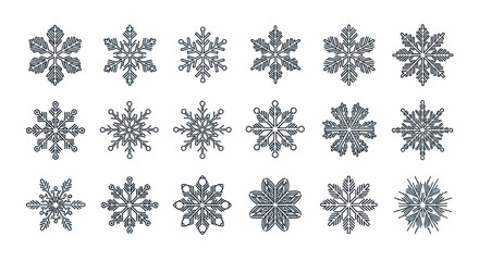Set of intricate snowflake designs for winter and festive decorations, with detailed patterns