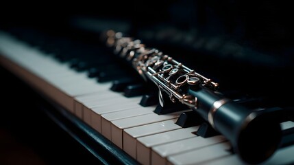 Obraz premium A clarinet rests elegantly on the black and white keys of a piano creating a mood of quiet musical anticipation