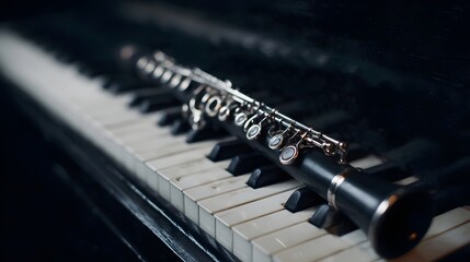 A black clarinet rests on the black and white keys of a vintage piano creating a musical still life