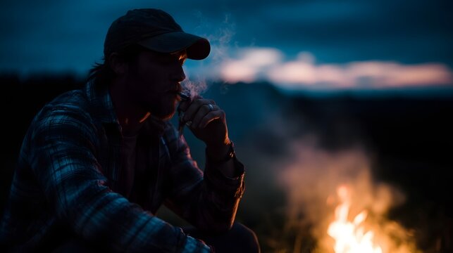 A man in a plaid shirt and cap sits by a campfire at dusk exhaling smoke into the twilight air