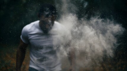 Obraz premium A dynamic action photograph captures a person mid movement engulfed by a dramatic explosion of airborne dust particles