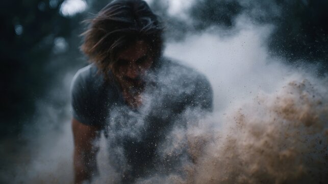 Dynamic motion of a person scattering dust particles in an outdoor atmospheric setting
