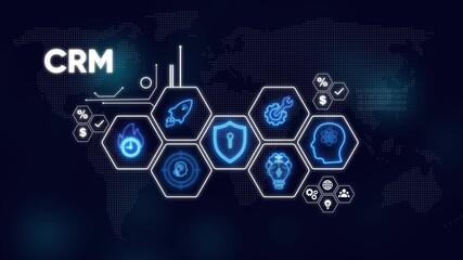 Digital CRM System Network With Icons And World Map technology - Powered by Adobe