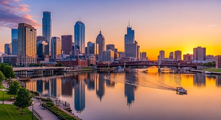 Fototapeta premium Philadelphia city skyline with skyscrapers reflecting in the Schuylkill River during a vibrant sunset.