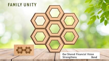 Wooden hexagon structure arrangement against a green background