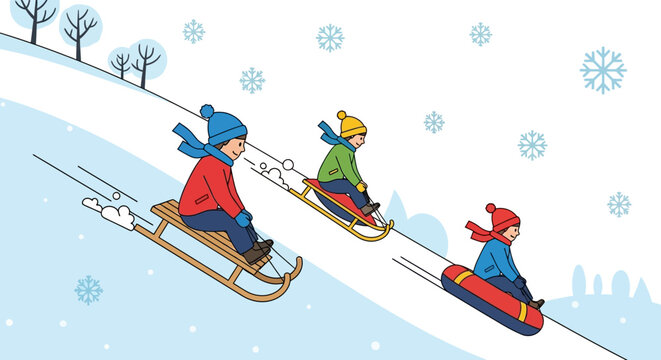 Children sledding down a snowy hill on sleds and a snow tube during winter season