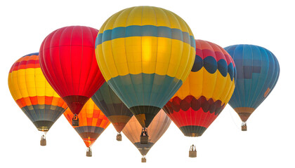 Fototapeta premium Cluster of Small Hot Air Balloons in Flight, Dynamic Sky Composition