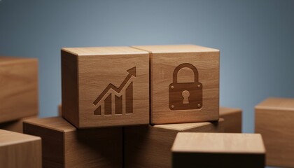 Growth and Security: A visual metaphor of the symbiosis between business expansion and robust protection. A wooden block featuring a growth chart rests beside another with a lock icon.
