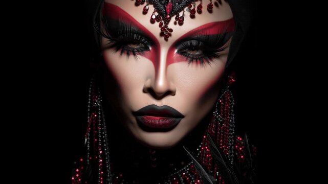 Close-up of a drag queen with dramatic red and black makeup, jeweled accessories, and powerful gaze. Ideal for beauty, fashion, pride, art, and LGBTQ+ editorial concepts.