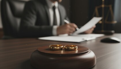 Symbol of Legal Deliberation: Two gold rings resting on a gavel symbolize the pivotal role of law and legal process, with a lawyer in background.