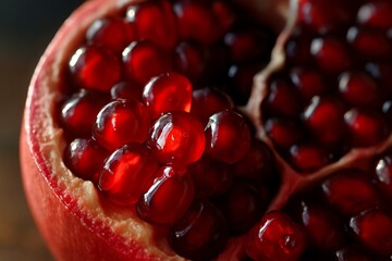 Macro of split pomegranate reveals glossy ruby arils brimming with juice. Warm light makes them glow, evoking freshness, indulgent flavor, and idea of natural abundance and health. Brisk flavor