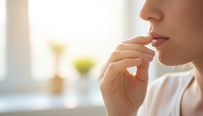 Fototapeta premium Delicate Touch: A close-up shot of a person tenderly touching her lip, revealing a moment of introspection or contemplation. The soft light enhances the intimate mood.