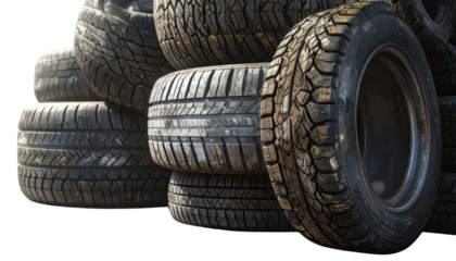 Angled Stack of Tires Showing Worn Texture and Sidewall Details, Slight Perspective, Isolated on Transparent Background.