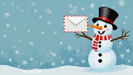 Cheerful snowman in top hat and striped scarf holds a red-trimmed envelope as snowflakes drift across pale sky. Festive, playful winter greeting and mail delivery concept with generous copy space