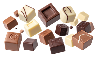 Assorted Chocolate Cubes Floating Gently, Minimalist Dessert Composition on White Background PNG.