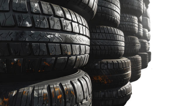 Angled Stack of Tires Showing Worn Texture and Sidewall Details, Slight Perspective, Isolated