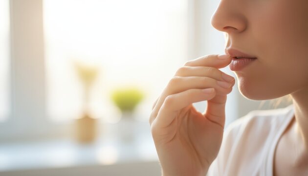 Delicate Touch: A close-up shot of a person tenderly touching her lip, revealing a moment of introspection or contemplation. The soft light enhances the intimate mood.