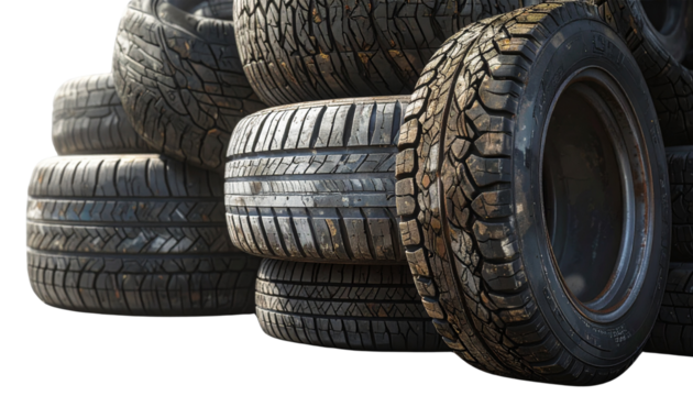 Angled Stack of Tires Showing Worn Texture and Sidewall Details, Slight Perspective, Isolated on Transparent Background.