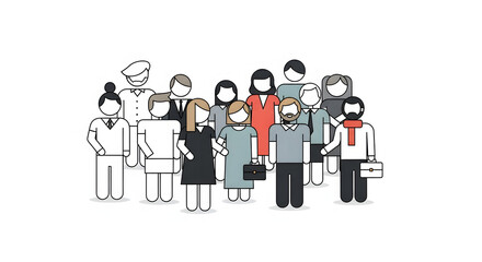 A flat design vector illustration of a diverse group of professional people standing together, symbolizing teamwork, community, and corporate culture