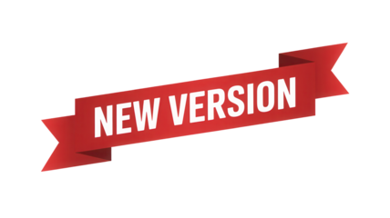 Red ribbon banner announcing new version with white text isolated on transparent background