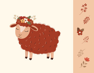 A charming boho illustration of a cute brown sheep with a flower crown. This whimsical vector set includes matching autumn floral elements, perfect for rustic nursery decor or seasonal designs