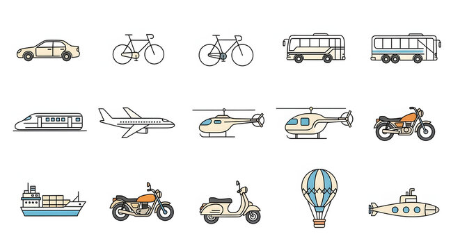 Diverse vector icons of transportation methods, featuring vehicles for land, air, and sea. Perfect for travel, urban planning, logistics, and mobility designs, enhancing any project - Powered by Adobe