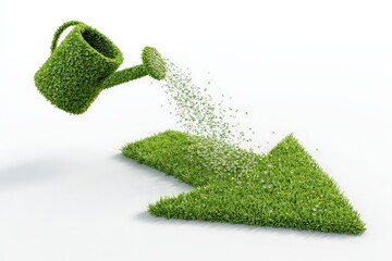 Green Plant Arrow Shape Watered From Sprinkler Against White Background