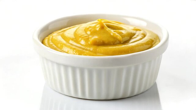 mustard in a ramekin isolated on white orbit video