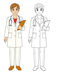 Cartoon illustration of a male doctor with stethoscope and clipboard. Great for healthcare, hospital, and medical education design.