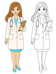 Cartoon illustration of a female doctor with clipboard and stethoscope. use for healthcare, hospital, and medical design
