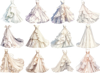 Ruffled Wedding Dress Watercolor Clipart