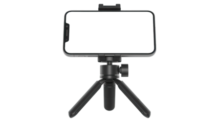 Modern black smartphone mounted on a compact adjustable tripod for stable photography and videography isolated on transparent background