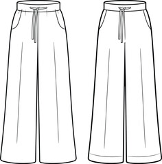 Wide-leg pants template, front and back view, drawstring waist, relaxed fit, fashion sketch, vector garment design, clothing mockup