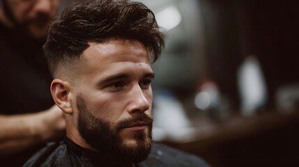 Man receiving a stylish fade haircut and beard trim at a professional barber shop