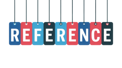 Colorful hanging tags spell out the word reference isolated on transparent background