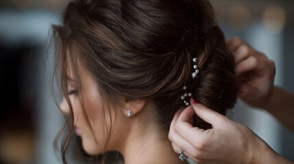 Close up of a woman s elegant brown hair updo being styled with pearl hairpins preparing for a wedding or special event