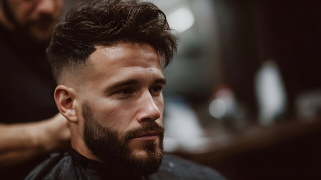 Man receiving a stylish fade haircut and beard trim at a professional barber shop